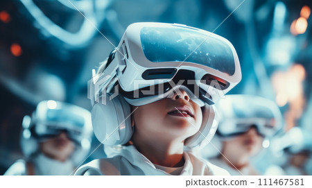 Portrait of happy smiling enthusiastic Caucasian children child, boy girl in virtual reality headset in futuristic style. 111467581