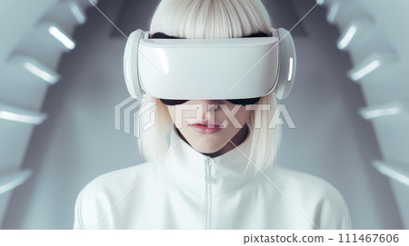 Portrait of a happy smiling passionate Caucasian girl woman blonde man in a virtual reality headset in a white room. Portrait of a happy smiling passionate Caucasian girl woman blonde man in a virtual reality headset in a white room. 111467606