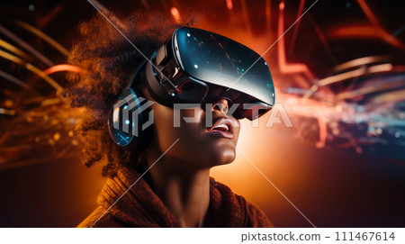Portrait of a happy smiling enthusiastic African American black girl child wearing a virtual reality headset. Portrait of a happy smiling enthusiastic African American black girl child wearing a virtual reality headset. 111467614