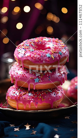 AI-generated content. Valentine's day pink donuts with bokeh in backgrounds, AI-generated content. Valentine's day pink donuts with bokeh in backgrounds, 111467852
