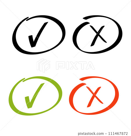 Green check mark and red cross in a circle, hand drawn icon set. Isolated tick and cross symbol in black color, vector illustration. For checklist signs, habit tracker, web design. 111467872
