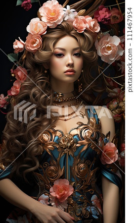 AI-generated content. woman with flowers in her hairs 111467954