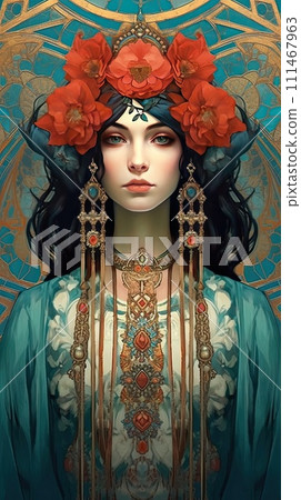 AI-generated content. portrait of young beautiful woman, art deco style 111467963