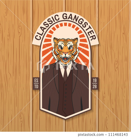 Classic gangster badge design. Vector illustration. Vintage monochrome label, sticker, patch with tiger gangster silhouette. 111468143