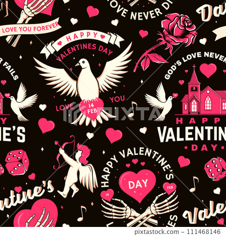 Valentines day seamless pattern with inspirational quotes. Vector illustration. Background, wallpaper, seamless pattern with doves, church, playing card queen, arrow, skeleton hand, rose and heart 111468146