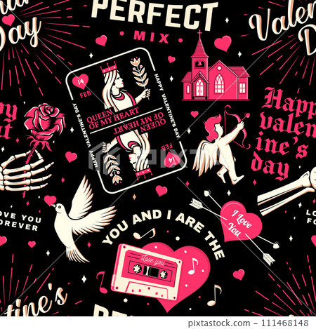 Valentines day seamless pattern with inspirational quotes. Vector illustration. Background, wallpaper, seamless pattern with doves, church, playing card queen, arrow, skeleton hand, rose and heart Valentines day seamless pattern with inspirational quotes. Vector illustration. Background, wallpaper, seamless pattern with doves, church, playing card queen, arrow, skeleton hand, rose and heart 111468148