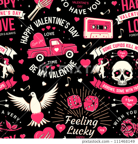Valentines day seamless pattern with inspirational quotes. Vector illustration. Background, wallpaper, seamless pattern with cupid holding bow, arrow, skeleton hand, rose and heart 111468149