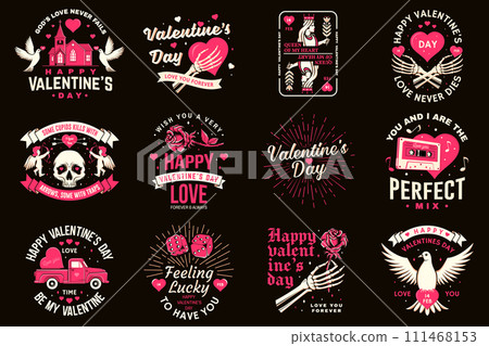 Set of vintage happy valentines day badge. Vector illustration. Template for Valentines Day greeting card, banner, poster, flyer with cupid holding bow, arrow, skeleton hand, rose and heart Set of vintage happy valentines day badge. Vector illustration. Template for Valentines Day greeting card, banner, poster, flyer with cupid holding bow, arrow, skeleton hand, rose and heart 111468153