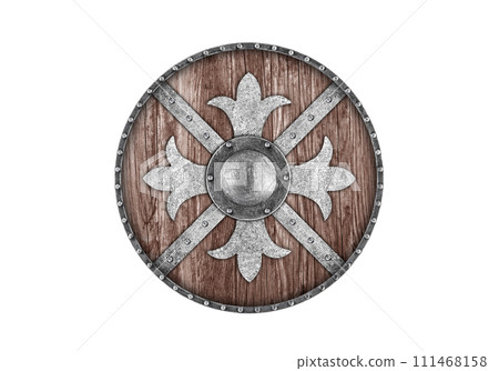Old decorated wooden round shield isolated on white background Old decorated wooden round shield isolated on white background 111468158
