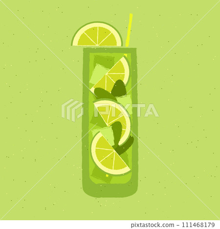 Green cocktail with lime, mint and ice cubes. Mojito in high glass. Non-alcoholic 111468179
