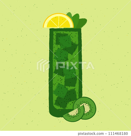 Green cocktail with kiwi, lemon, leaves, ice cubes. Fruity smoothie in tall glass 111468180