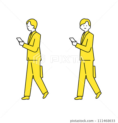 A man in a suit walking while holding a bag and looking at a smartphone 111468633