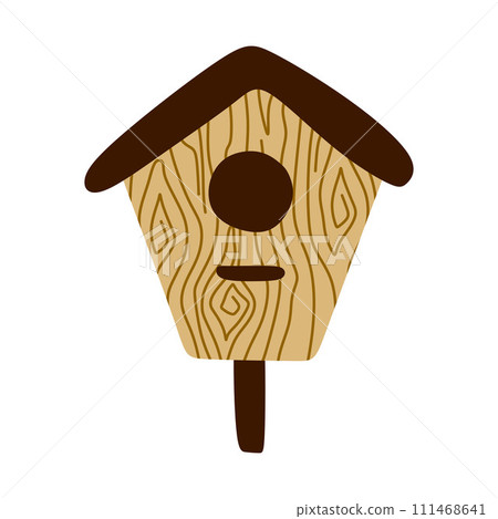 Cute Wooden Birdhouse with Window. Bird feeder, buildings made of planks. Bird Day, Nature protection. Crafts made of wood, Garden Decoration. Spring Nest, Vector Illustration Isolated on white. 111468641