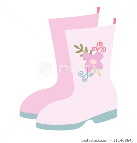 Pink Rubber boots with Flower Application isolated on white. Vector Flat Gumboots illustration. Spring seasonal Footwear for Rainy day, Protection Clothing. Design art for Card, Poster, Logo, Decor. 111468643