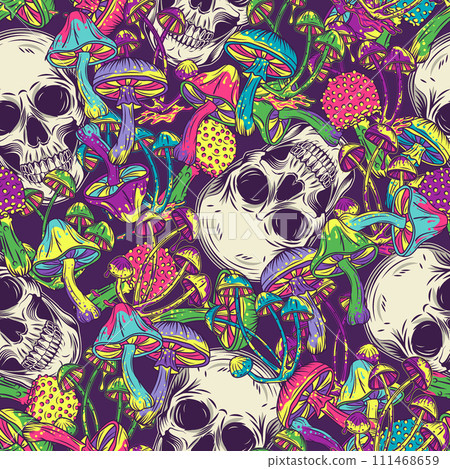 Pattern with human skull, colorful mushrooms. Dense random composition. Concept of madness and craziness. Surreal illustration for groovy, hippie, mystical, psychedelic design 111468659