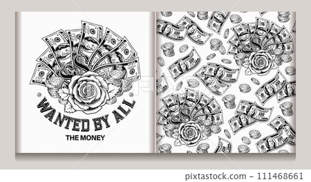 Money pattern, logo with 100 US dollar notes, dollar fan with money rose, stacks of coins, text Wanted by all. Concept of success, wealth, luck, win. Vintage style. Not AI 111468661