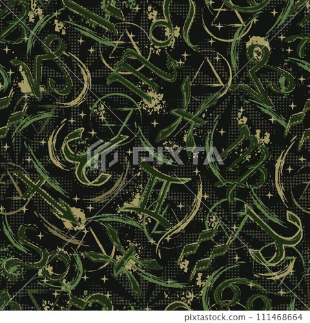 Khaki green camouflage grunge pattern with icons of horoscope, zodiac signs, stars, smudge, splattered paint. Esoteric mystic concept. For prints, clothing, t shirt, surface design Khaki green camouflage grunge pattern with icons of horoscope, zodiac signs, stars, smudge, splattered paint. Esoteric mystic concept. For prints, clothing, t shirt, surface design 111468664