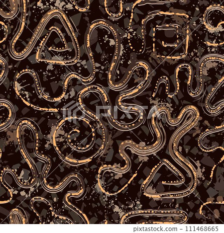 Seamless brown camouflage pattern with abstract wavy shapes, swirls, twirls, paint brush strokes, blots, spattered paint. Dense random composition. Grunge texture 111468665