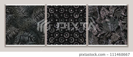 Seamless gray camouflage patterns with leaves, polka dot ornament. Grunge style. For apparel, fabric, textile, sport goods design. 111468667