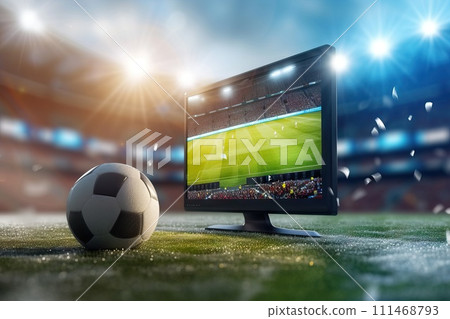 AI-generated content. Streaming tv of a soccer match in a stadium. Generative AI 111468793