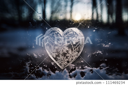 AI-generated content. A heart created by a frosty pattern, snow and a blurred winter landscape. 111469234
