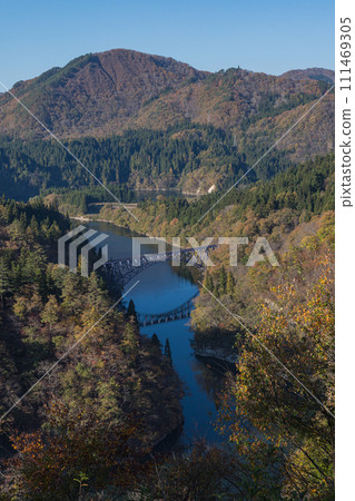 Daiichi Tadami River Bridge over the Tadami River seen from a viewpoint in Mishima Town, Onuma District, Fukushima Prefecture, Japan Daiichi Tadami River Bridge over the Tadami River seen from a viewpoint in Mishima Town, Onuma District, Fukushima Prefecture, Japan 111469305