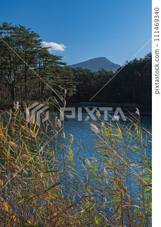 Japan: Bishamon-numa and Mt. Bandai in the Goshikinuma Lakes Group of Urabandai Plateau, Kitashiobara Village, Yama-gun, Fukushima Prefecture Japan: Bishamon-numa and Mt. Bandai in the Goshikinuma Lakes Group of Urabandai Plateau, Kitashiobara Village, Yama-gun, Fukushima Prefecture 111469340