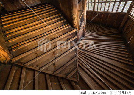 Spiral staircase inside Aizu Sazaedo Temple, located halfway up Mt. Iimori in Aizuwakamatsu City, Fukushima Prefecture, Japan Spiral staircase inside Aizu Sazaedo Temple, located halfway up Mt. Iimori in Aizuwakamatsu City, Fukushima Prefecture, Japan 111469359