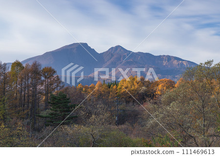 日本福島縣山郡北鹽原村裡磐台高原上的秋元湖觀景台，清晨可看到磐梯山和秋葉 111469613