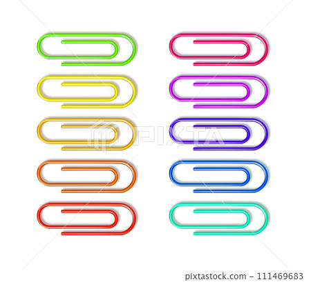 Paper clips clamp. Colour cartoon office paperclip. Paper clip icon attached attach document or file. Vector 111469683