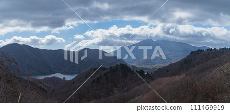 Mt. Bandai and Lake Akimoto seen from the Bandai Azuma Lake Line in Urabandai Plateau, Kitashiobara Village, Yama District, Fukushima Prefecture, Japan 111469919