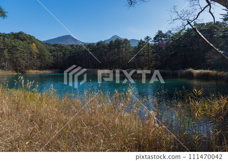 日本:福島縣山郡北鹽原村裡磐台高原五色沼湖群中的琉璃沼和磐梯山 日本:福島縣山郡北鹽原村裡磐台高原五色沼湖群中的琉璃沼和磐梯山 111470042