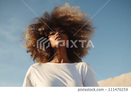 AI-generated content. Stylish Afro-Black Female Portrait: Expressive Beauty and Confidence against Urban Backdrop 111470259
