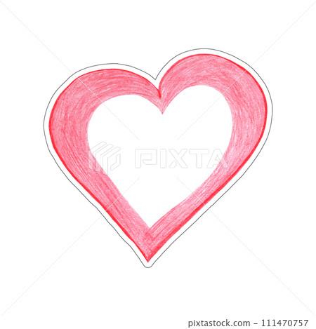 Red Heart Sticker Drawn by Colored Pencil. Heart Shape Isolated on White Background. 111470757