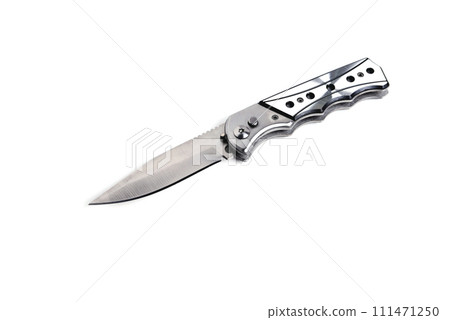 silver folding knife on a white background close-up 111471250