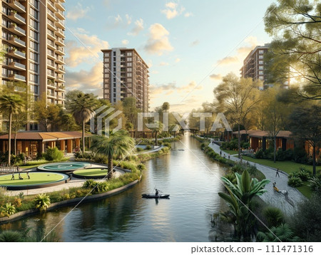 pond among skyscrapers city landscape 111471316