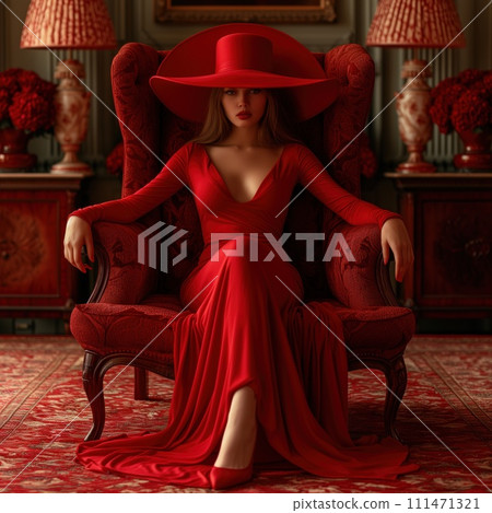 woman in a red dress sitting in a chair 111471321