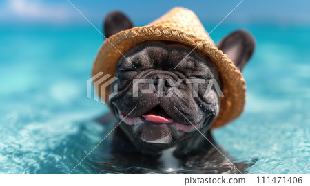 french bulldog wearing a hat on the beach 111471406