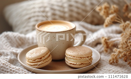 cup of hot cappuccino with macaroon cup of hot cappuccino with macaroon 111471628
