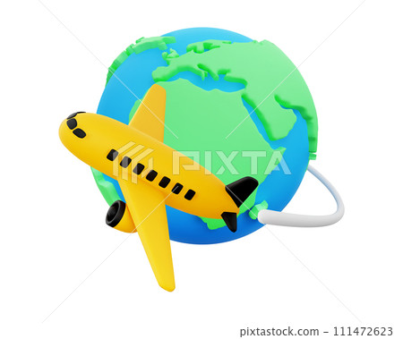 Plane Flies around Earth Isolated on White Background. Around World Travel Concept. Design Element for Travel, Adventure, Business Trip, Migration, Relocation Concepts. Vector Illustration 3D Render. 111472623
