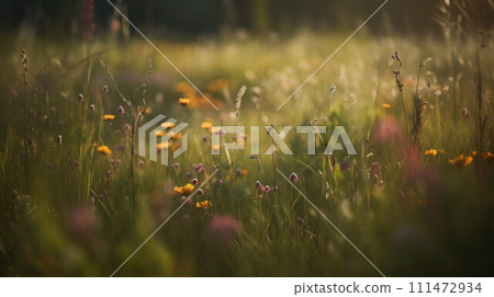 AI-generated content. Meadow flowers and grass in soft sunlight. Natural summer background close up. 111472934