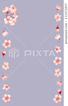 Watercolor hand drawn pink sakura flower vertical frame on pastel purple background Watercolor hand drawn pink sakura flower vertical frame on pastel purple background 111472937