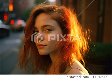Beautiful Young Girl with Red Hair on City Street. AI-generated item 111473140