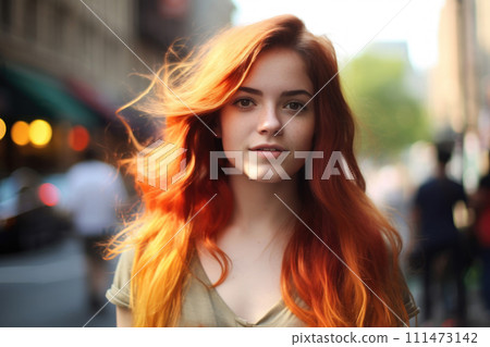 Young woman with vibrant red hair posing on a city street. AI-generated item 111473142