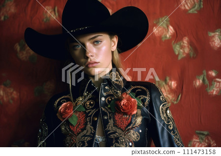 Cowboy Elegance. Woman in Black Hat and Embroidered Jacket. AI-generated item 111473158