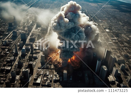 massive explosion in city with towering smoke. AI-generated item 111473225