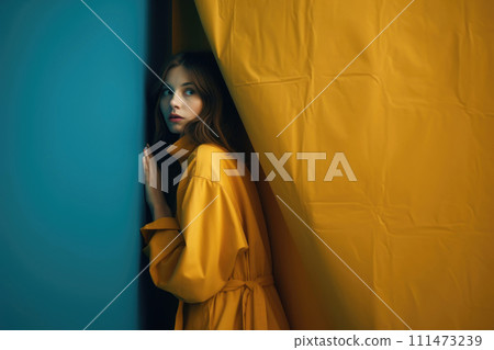 Mysterious Woman Peeking from Behind Curtain. AI-generated item 111473239
