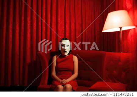 Mysterious Woman in Mask Seated on Red Sofa. AI-generated item 111473251