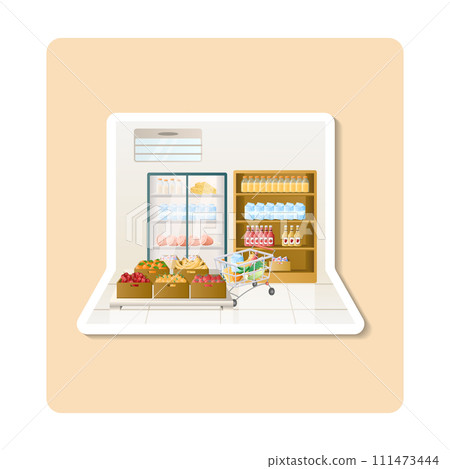 Supermarket sticker illustration. Shelf, fruits, vegetables, trolley, fridge. Editable vector graphic design. 111473444