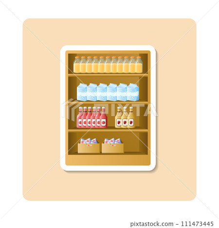 Shelf with product sticker illustration. Package, bottle, box, rack. Editable vector graphic design. 111473445